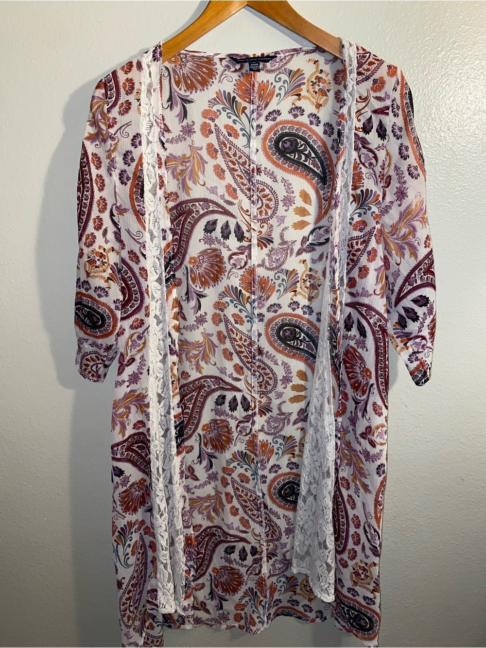 American Eagle Boho Paisley Lace Trim Kimono Cardigan Layering Size M